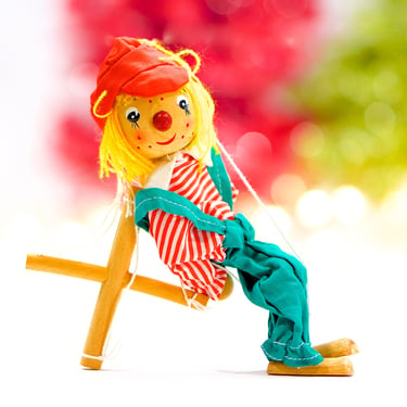 VINTAGE: Wooden Clown Puppet - Ornament - Handprinted Ornament - SKU 15-A1-00016292 