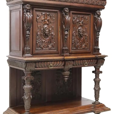 Antique Cupboard, French Renaissance Revival, Carved Oak, Shelf, Drawers, 1800s