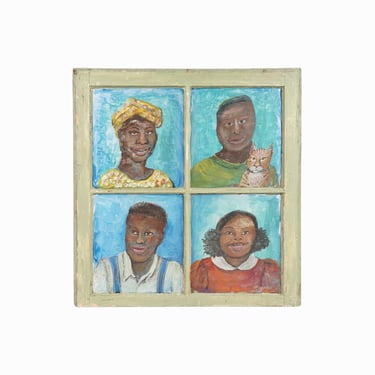 M. Sheehan Folk Art Painting on Glass Window African American Portraits 
