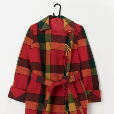 Bright vintage plaid wool jacket with belt and fringed hem - Medium 