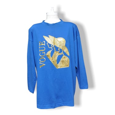 80’s Royal Blue Womens Sweatshirt with Gold Vogue Graphics Loose Fit Crewneck L 