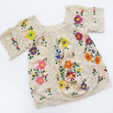 Vintage 70s Embroidered Floral Tunic Shirt M - Tan Crochet Hippie Flower Blouse - 1970s Bohemian Top 