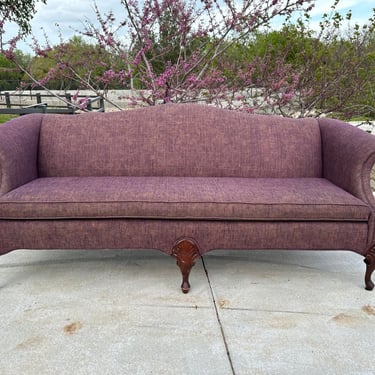 85.5” Late Mid-Century Plum Fabric Camelback Long Sofa with Queen Anne Legs in Excellent Condition 