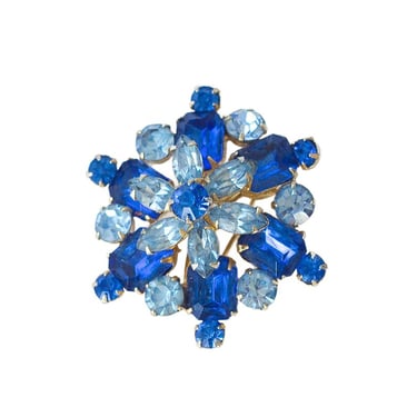 Two Vintage Blue Rhinestone Flower Brooch Set 