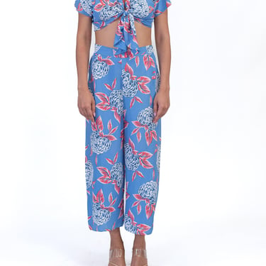 1940S Blue  Pink Cold Rayon Floral Crop Top Pants Pajamas 