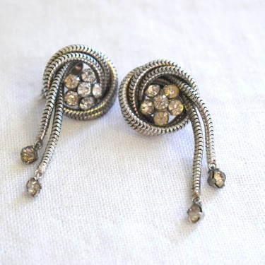 1960s Snake Chain Knot and Rhinestone Clip Earrings 