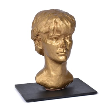 Sendelbach Signed Gold Painted Clay Bust of Young Boy on Slate Base 