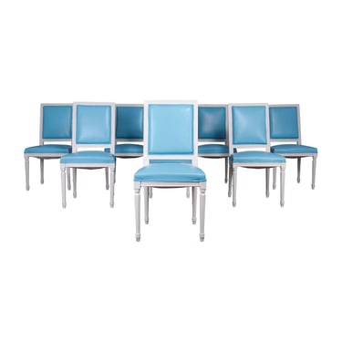 French Louis XVI Style Painted Square Back Dining Chairs W/ New Blue Lamb Leather - Set of 8 