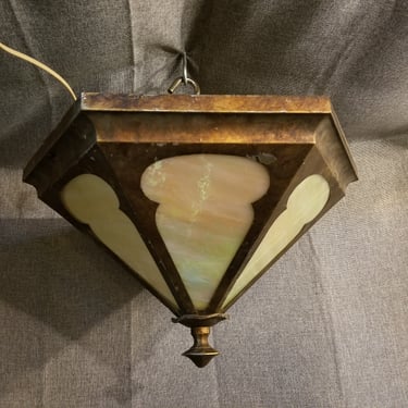 Vintage Pressed Steel and Brass Light with Pearlescent Glass