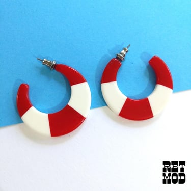 Fun Vintage 70s 80s Red White Stripe Hoop Earrings 