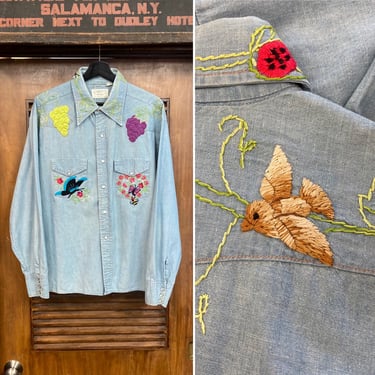 Vintage 1970’s “Penney’s” Hippie Nature Embrodery Detail Chambray Cotton Snap Button Shirt, 70’s Vintage Clothing 