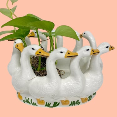 Vintage Holland Mold Planter Retro 1970s Farmhouse + White + Circling or Gaggle of Geese + Ceramic + Bird Centerpiece + Decor + Decoration 