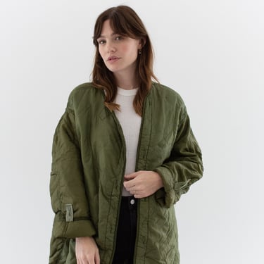Vintage Green Liner Jacket | Unisex Wavy Quilted Nylon Coat | L | LI193 