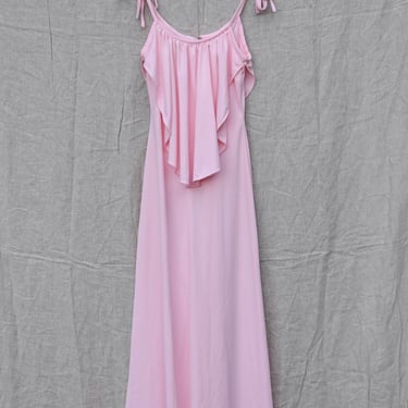70's Maxi Dress, Vintage Pink Tie Shoulder Dress, Summer Picnic Cottagecore Dress, Cape Dress, 1970s Formal Homecoming Prom Bridesmaid Dress 