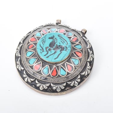 Antique Afghan Sterling Silver Turquoise and Coral Pendant, Large Silver Carved Turquoise Pendant, Unique Vintage Jewelry 