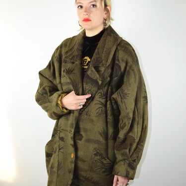 Vintage 80s 90s Cocoon Coat / 80s Puffer Coat Jacket / Green Bird Forest Print / Dolman Sleeves Cape Oversize 1990s 1980s Medium Large XL 