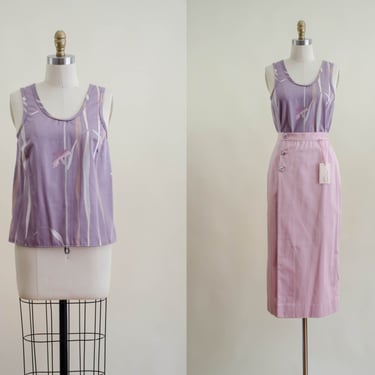 pink purple wrap skirt set | 80s 90s vintage polished cotton pastel floral tank top and pencil skirt 2 piece set 