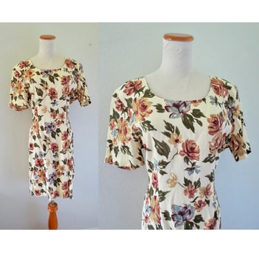 Vintage 90s Floral Mini Dress - Off White Rayon Flower Print Short Sleeve Casual Party or Summer Wedding Guest Dress - Size Large 