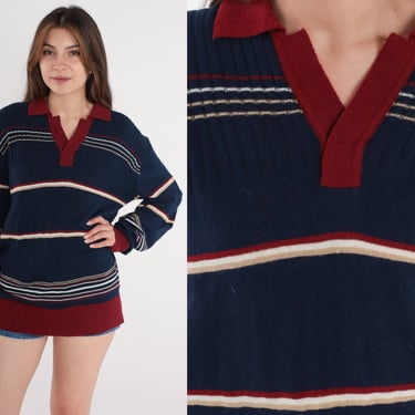 Navy Blue Striped Sweater 70s 80s Collared Knit Buttonless Polo V Neck Pullover Sweater Preppy 1980s Nerd Geek Slouchy Vintage Large 