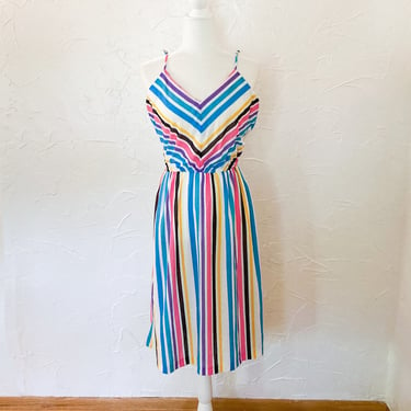 80s White Gem Toned Rainbow Chevron Striped Sleeveless Dress | Medium/Large 