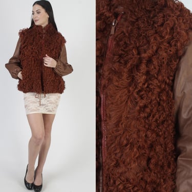 Brown Mongolian Lamb Jacket, Reversible Windbreaker Coat, Zip Up Sheer Fur Overcoat 