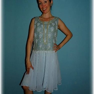 1920's Style Plus Size Blue Chiffon & Beaded Retro Vintage Dress 