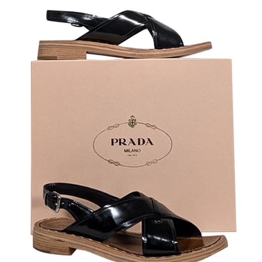 Prada - Black Patent Cross Front Buckle Sandals Sz 10