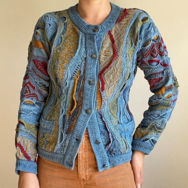 Vintage 90s Coogi Multicolor Blue Cotton Geometric Hippie Cardigan Sweater Sz M 