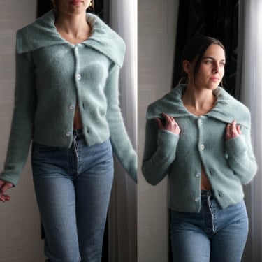 Vintage 60s Mint Mohair Cropped Cardigan w/ Ruched Wide Collar & Crystal Buttons | Bohemian, Pinup, Cottagecore | 1960s Mohair Wool Sweater 