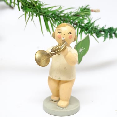 Antique (AS IS) German Erzgebirge Wooden Angel with Wings playing French Horn, Vintage KUHNE  Christmas Toy 