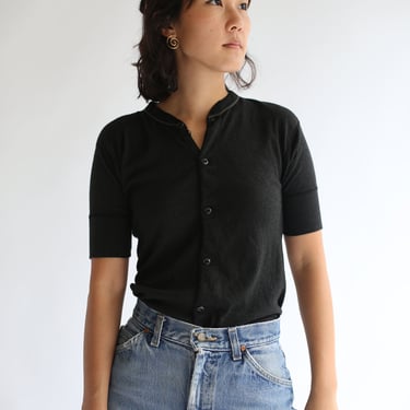 Vintage Black Charcoal Button Up Thermal Shirt | Picot Edging Cotton military henley | Baby Tee | Long Underwear Shirt Overdye | XS 
