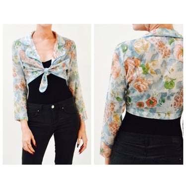 70s Vintage Boho Floral Print Crop Top Shirt Voile Cotton Small Medium Cropped Long Sleeve Front Tie Festival Top Shirt 