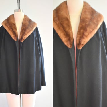 1950s Denise Black Cashmere Coat with a Brown Fur Collar 