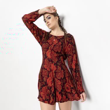 LONG SLEEVE MINI Dress Vintage Floral Low Back Drawstring 90's Rayon Boho / Medium 