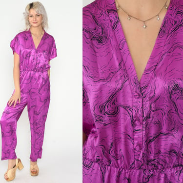 Purple Jumpsuit 80s Shiny Tapered Pantsuit Marble Swirl Print One Piece Romper Pants Short Sleeve V Neck Party Retro Vintage 1980s Small S 