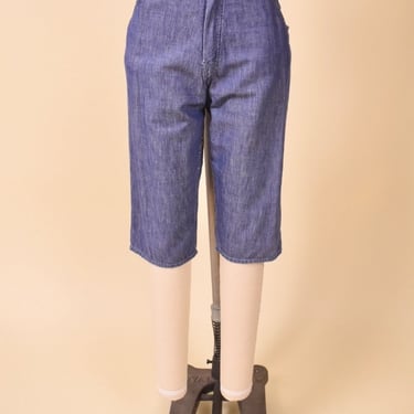 Blue 50s Long Chambray Shorts, S