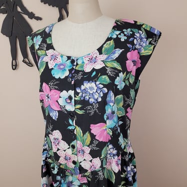 Vintage 1980's Cotton Floral Dress / 90s Black Floral Day Dress XL 