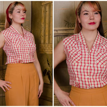 1950s Blouse - Sporty Vintage 50s Panhandle Slim Cotton Western Sleeveless Blouse in Red and White Windowpane 