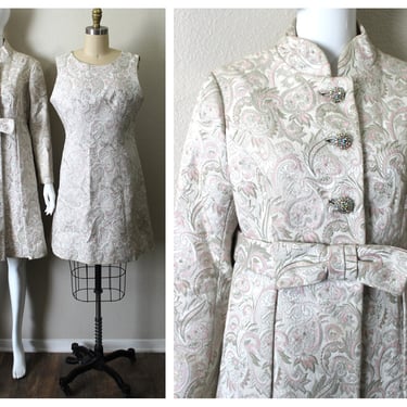 Vintage 1960s 60s I Magnin California Tapestry Brocade 2 piece dress & matching coat Pink silver MCM Cocktail / modern s m US 6 8 