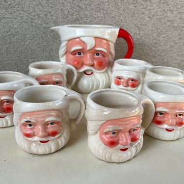 Vintage 60s ceramic Santa Claus pitcher & 7 mug set made in Japan 