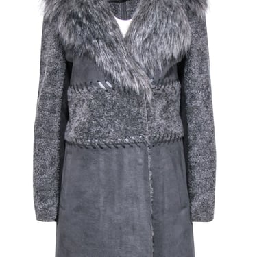 Elie Tahari - Grey Faux Suede & Fur Longline Coat w/ Lace-Up Trim Sz M