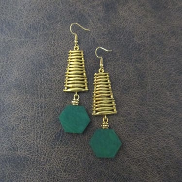 Mid century modern green and gold dangle earrings 