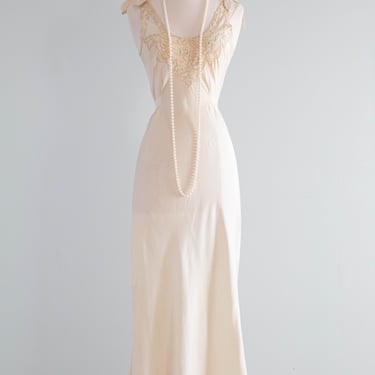 Vintage 1930's Silk Bias Cut Slip Dress With Tie Shoulders & Lace / SM