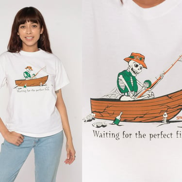 Funny Fishing Shirt y2k Waiting for the Perfect Fish T-Shirt Skeleton Boat Fisherman Joke Graphic Tee Sarcastic White Vintage 00s Medium M 
