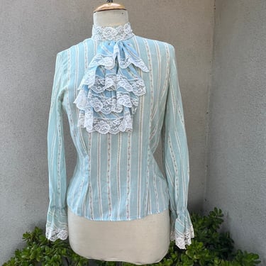 Vintage romantic ruffle stripe blouse blue whit pink sheer Small by Terry Chicago 