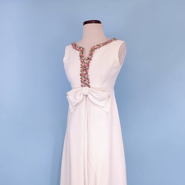 Vintage 1960s Joseph Magnin Ivory Maxi Dress, Vintage 60s Mod Hostess Dress With Floral Applique Neckline 