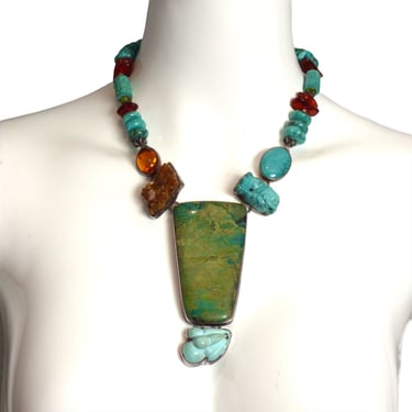 AMY KAHN RUSSEL- Sterling, Amber, Quartz & Turquoise Necklace