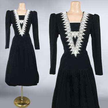 VINTAGE 80s Black Velvet Dress with Crochet Collar by You Too Babes Sz 5 | 1980s Dark Gothic Doll Wednesday Long Sleeve Drop Waist Dress vfg 
