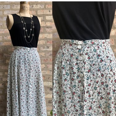 90's Flax + Floral Midi Button Up Skirt 