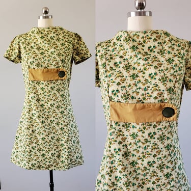 1960s Mushroom Print Dress with Faux Belt 60's Boho Dress 60s Women's Vintage Size Small/Medium 